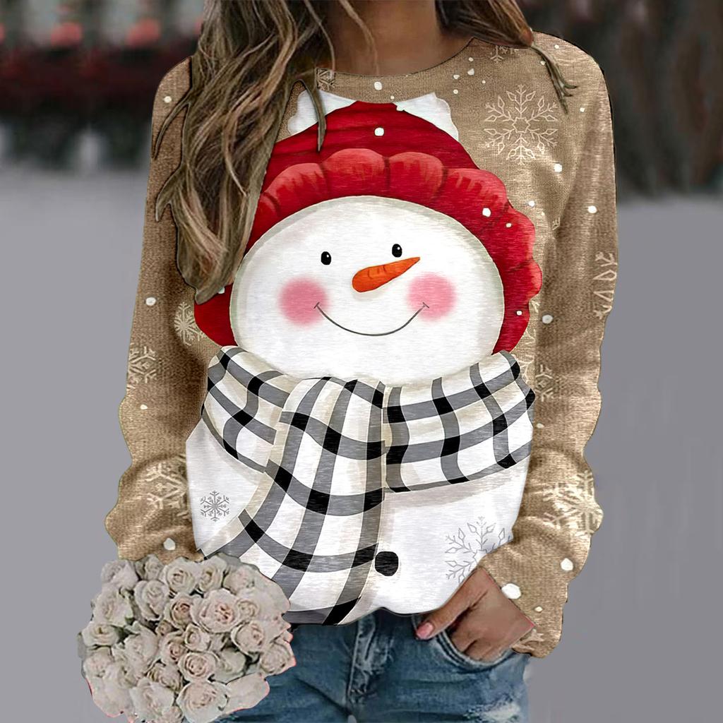 Women's Christmas Sweatshirt Round Neck Pullover Top Urban Leisure Christmas Snowman Kawaii Printed Loose Sweater Christmas Tops