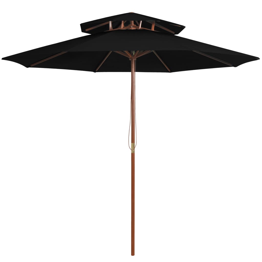 Double canopy wooden pole sun umbrella in black 270 cm