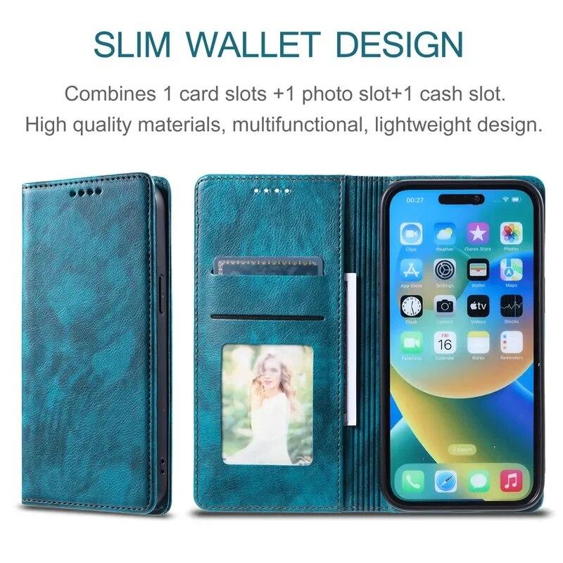 Кожаный чехол-бумажник для телефона с картой для iPhone 15 Pro Max 14 Plus 13 12 Mini 11 для Samsung Galaxy S23 Ultra S22 S21 S20 FE A54 A34 A14 A73 A53 откидная крышка