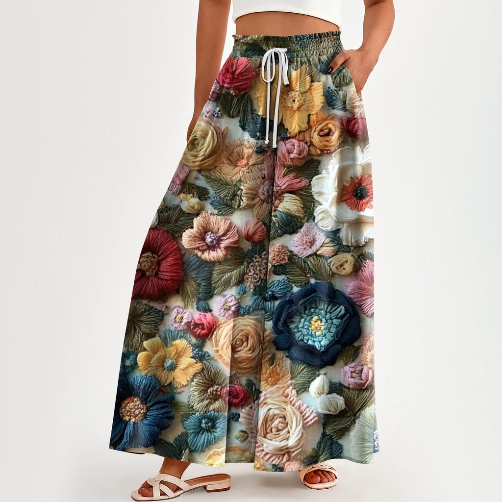 Женские брюки с высокой талией и карманами, повседневные брюки с цветочным принтом