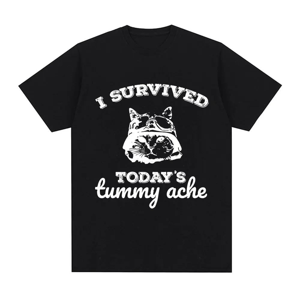 Я выжил сегодняшнюю боль в животе Футболка Мем с кошачьим узором Футболка мужская с коротким рукавом повседневная 100% хлопок