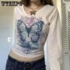 Винтажный белый топ с v-образным вырезом и принтом бабочки, женские весенне-осенние универсальные тонкие повседневные футболки с длинными рукавами, уличная одежда