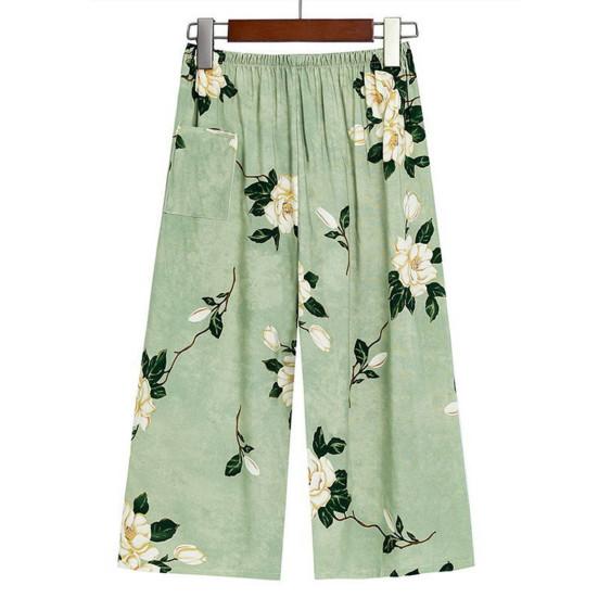 2 Pcs/Set Women Vest Pants Set Flower Print Round Neck Sleeveless Loose Pleated Elastic Waist Wide Leg Casual Homewear Mid-aged Mother Pajamas Set