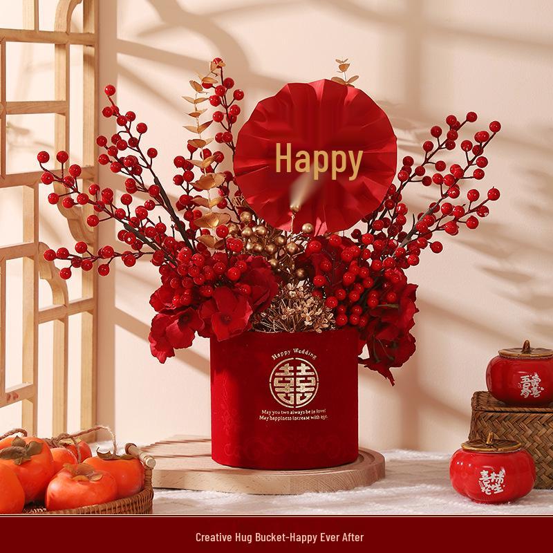 Engagement & Wedding Ornaments: Room Decor Bouquet & Double Happiness Bucket Set for Newlyweds - Ideal for Master Bedroom & Living Room.