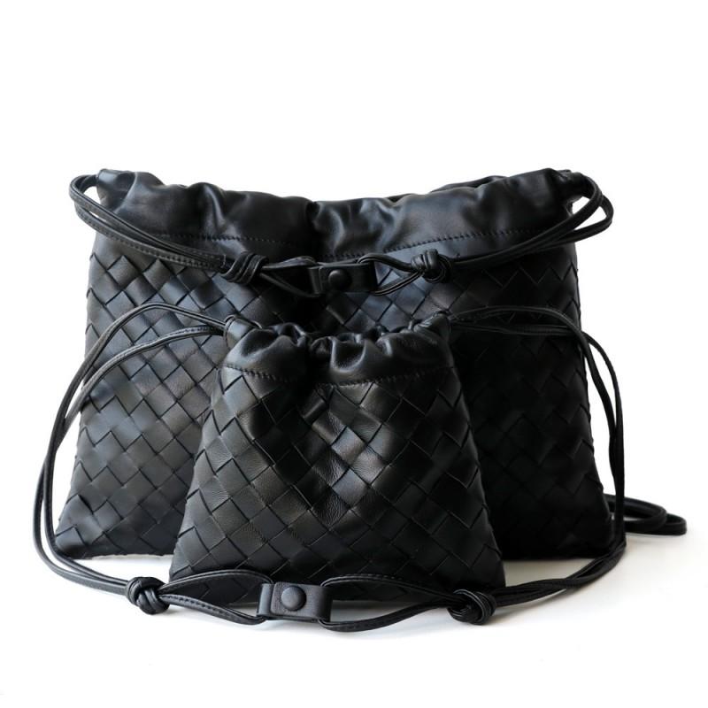 Genuine Lamb Leather Woven Clutch Crossbody Bag Women Soft Square Shoulder With Drawstring