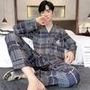 Plaid Mens Cotton Pajamas Set Autumn Cardigan Home Clothes Long Sleeves Sleeping Top Trouser 2Pcs/set Pijamas Loungewear