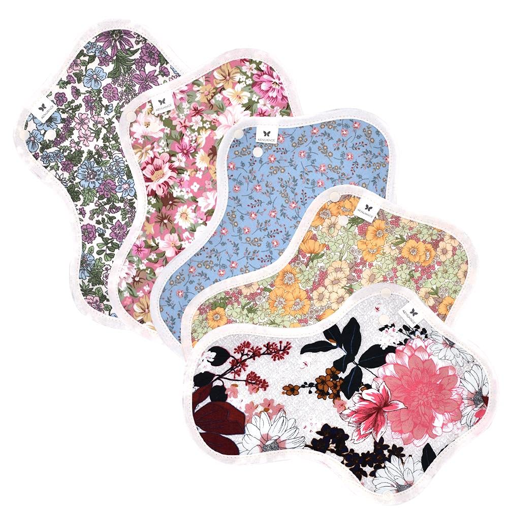 Салфетки тканевые M розовые синие с цветочным рисунком, набор из 5 шт. AENUANCE Изготовлены из органического материала со встроенной гигиеной для нормальных и обильных дневных подтеканий мочи, размер прокладки,