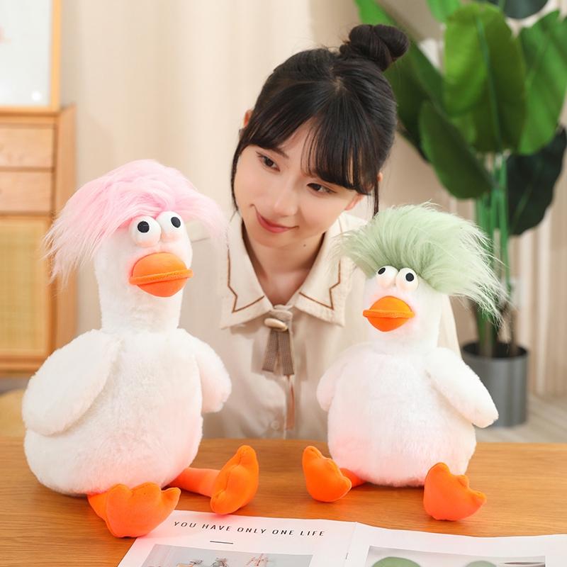 Creative Plush Duck Soft Toys DIY Hairstyle Pull It Neck Duck Doll Toy Doll Pillow Decor Christmas Birthday Gift for Girl Friend