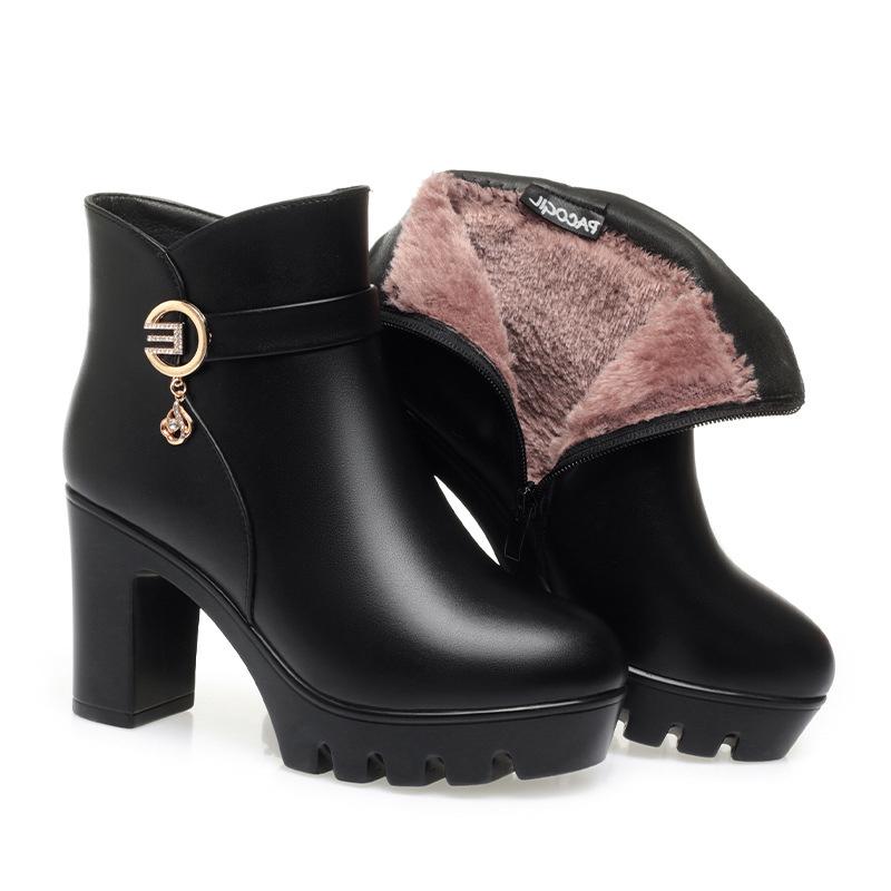 Осень Зима Теплые Толстая Подошва Женские Хлопковые Сапоги Бархатные Водонепроницаемые Блочный Высокий Каблук Офисная Модель Ботильоны