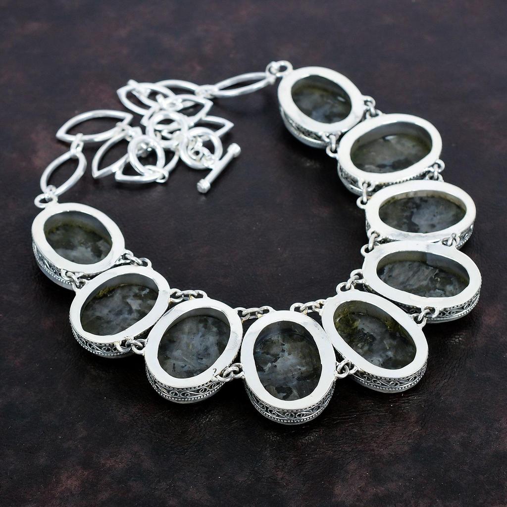 Ожерелье из ларвикита, ожерелье из стерлингового серебра 925 пробы, регулируемое ожерелье из цепочки, винтажные ювелирные изделия из драгоценных камней, приличное ожерелье ручной работы, подарок на годовщину