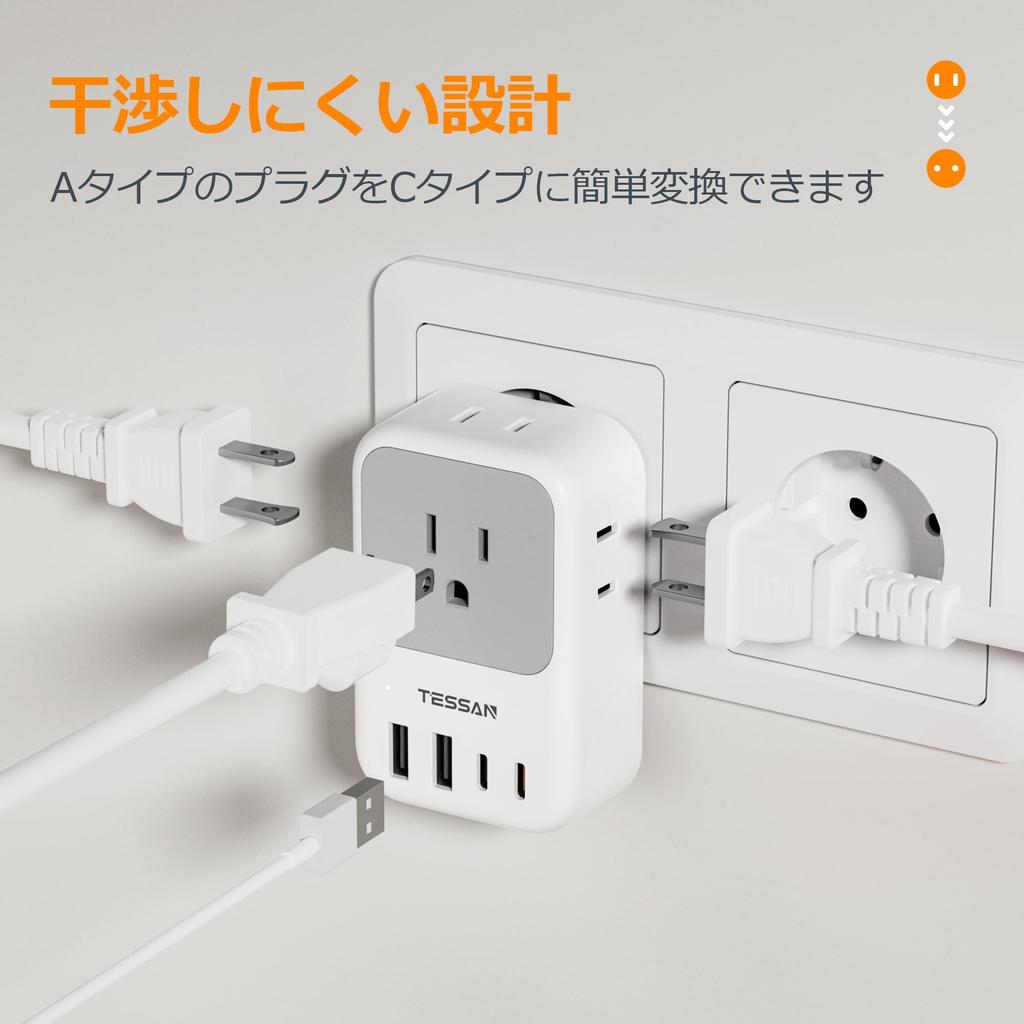 Переходник Type-C для международных путешествий, Корея, TESSAN, с USB-C, 4 розетки переменного тока, 2 Type-A, 2 Type-C, совместим с Италией, Испанией, Германией,