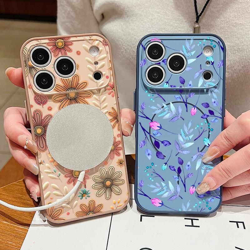 Цветной тисненый цветочный чехол для iPhone 17 Pro Max Funda iPhone 16 15 14 13 Pro Max Магнитный для Magsafe Гибридный Тонкий Матовый Чехол