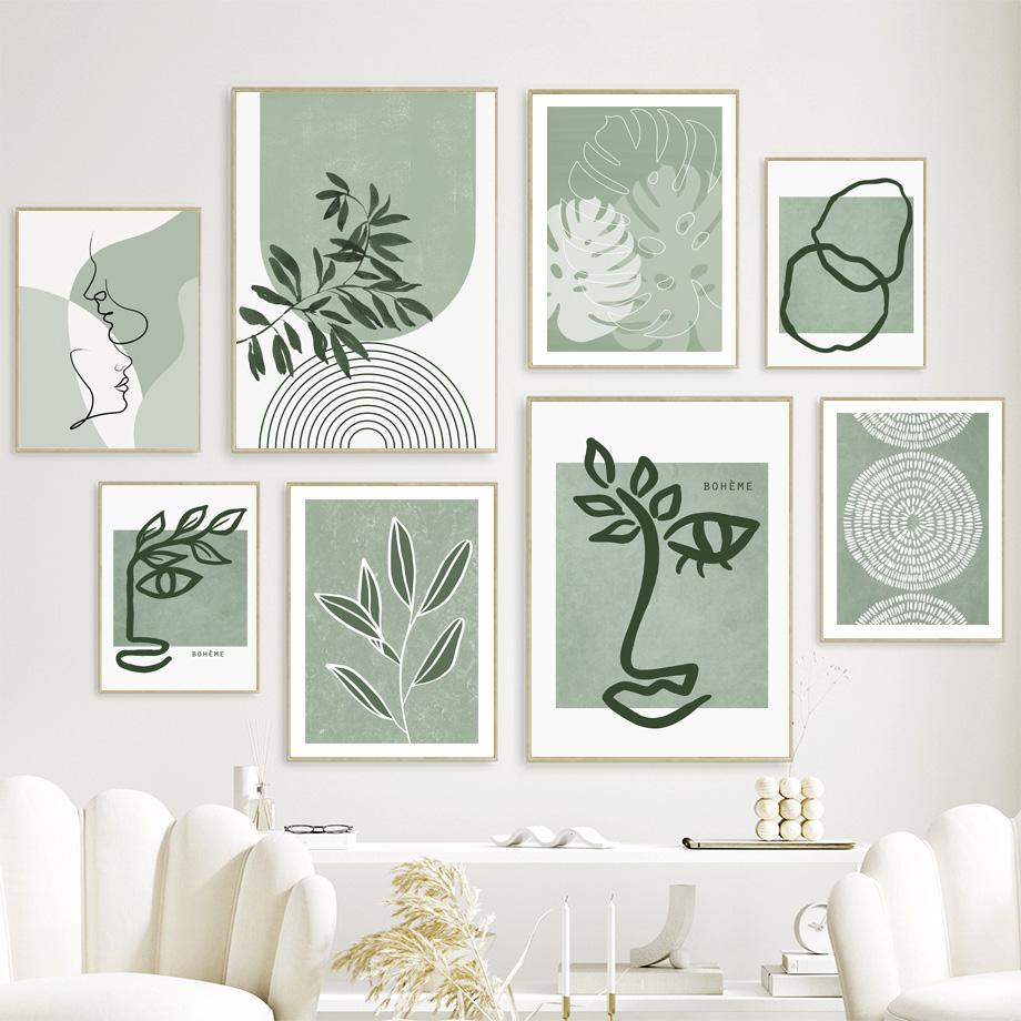 Зеленая абстрактная линия, арочные листья, картина для лица девушки, холст, постеры на скандинавскую тему и принты, настенные панно для декора гостиной
