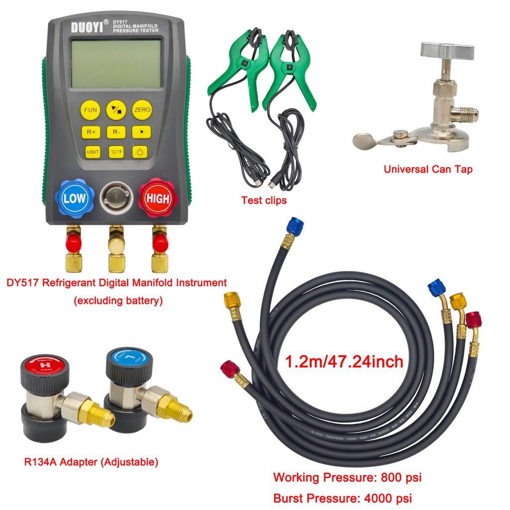 DY517 Digital AC Refrigerant Gauge Kit, HVAC Vacuum Pressure Meter, Electronic Manifold (Batteries Not Included)