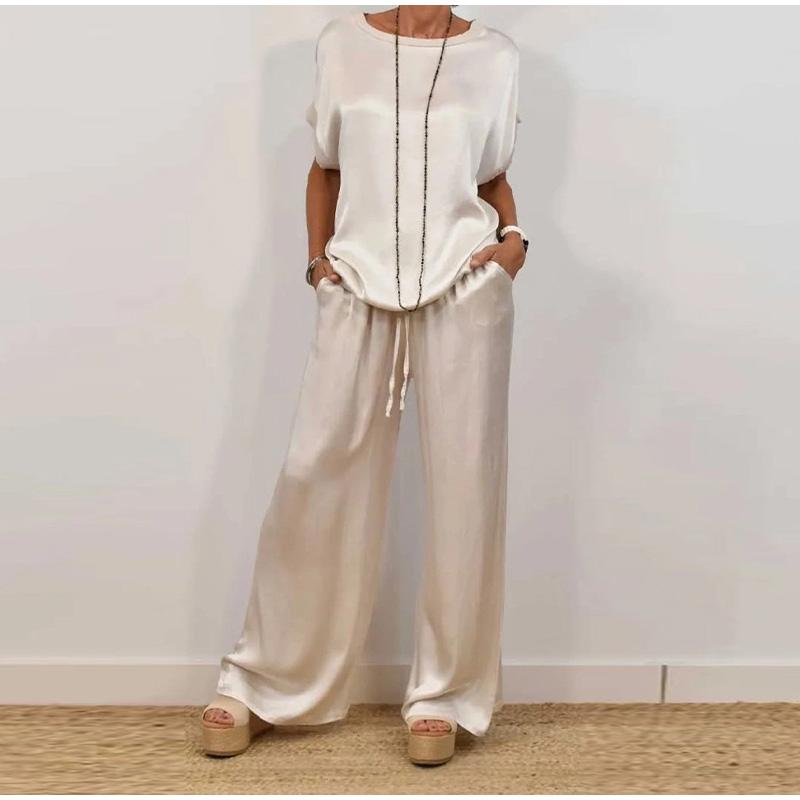 Повседневный однотонный комплект с круглым вырезом, женский модный свободный свитер с коротким рукавом, топы с широкими штанинами, длинные комплекты из 2 предметов для женщин на лето