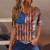Women's Casual Independence Day Printed V-Neck Short Sleeve Embellished Button T-Shirt Top