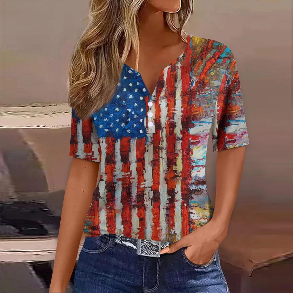 Women's Casual Independence Day Printed V-Neck Short Sleeve Embellished Button T-Shirt Top