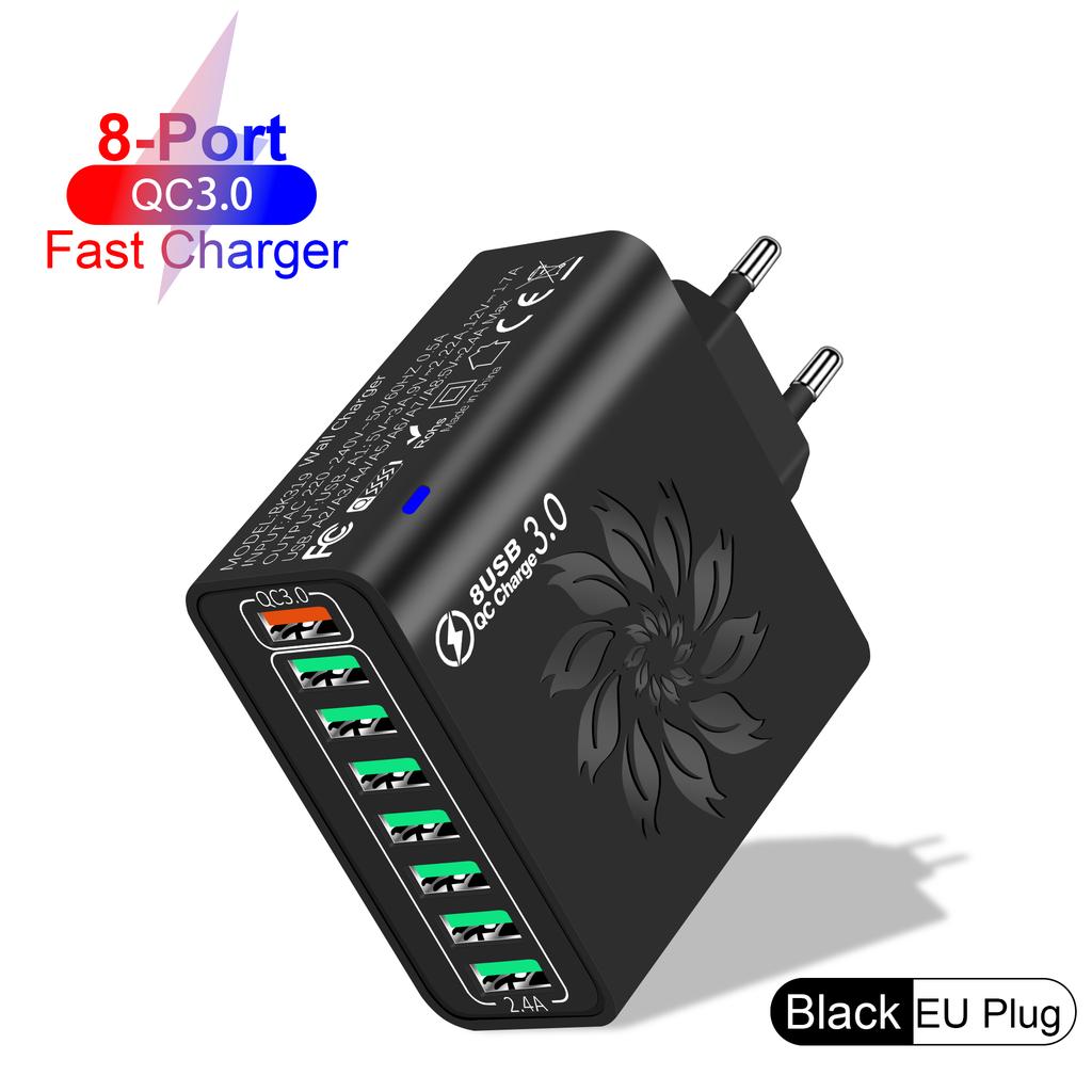 65W 8 Ports USB Charger QC Fast Charging EU/US/KR/UK Plug Fast Charger Power Adapter For iPhone 15 Xiaomi Samsung Wall Charger