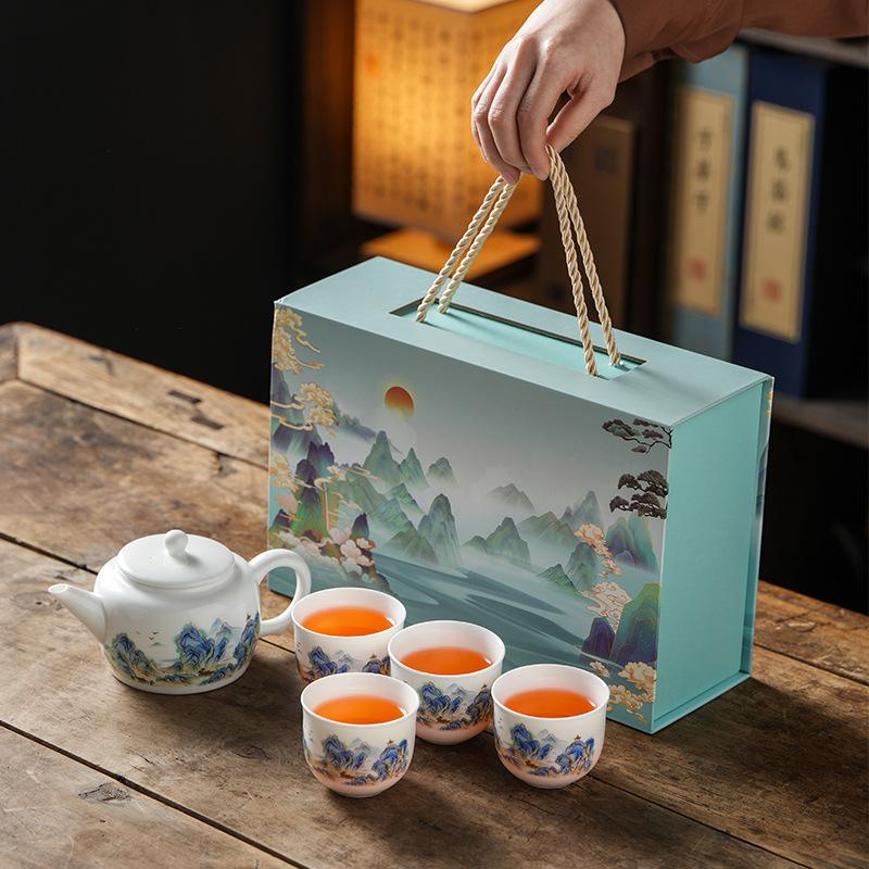 Suet Jade Thousand Miles Jiangshan Kung Fu Tea Set One Pot Four Sets Cups Business Annual Meeting Souvenirs Hand Prints