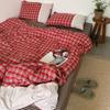 INS Девушки Ретро Красная Клетка Комплекты Постельного Белья 2025 Новый Кружевной Комплект Простыней Женщины Клетчатый Размер Квин Пододеяльник Комплекты с Наволочками