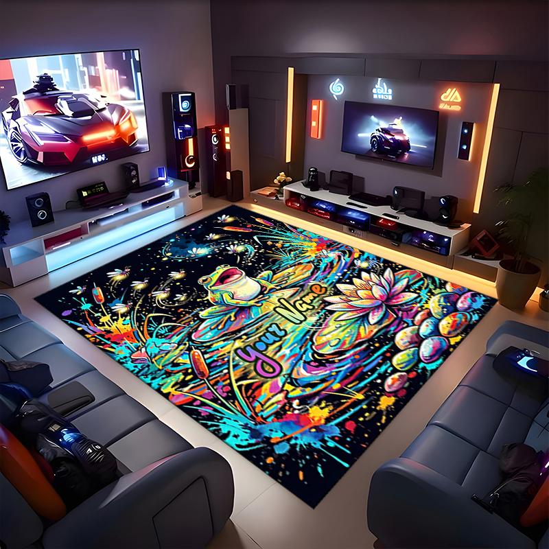 1PC Custom Name Frog Lotus Pond Theme Floor Mat Ideal for Living Room, Game Rooms, Office, Bedroom,Floor Mat Playful Design