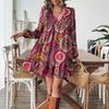 Fall Women's Long-sleeved V-neck Loose Print Boho Dress