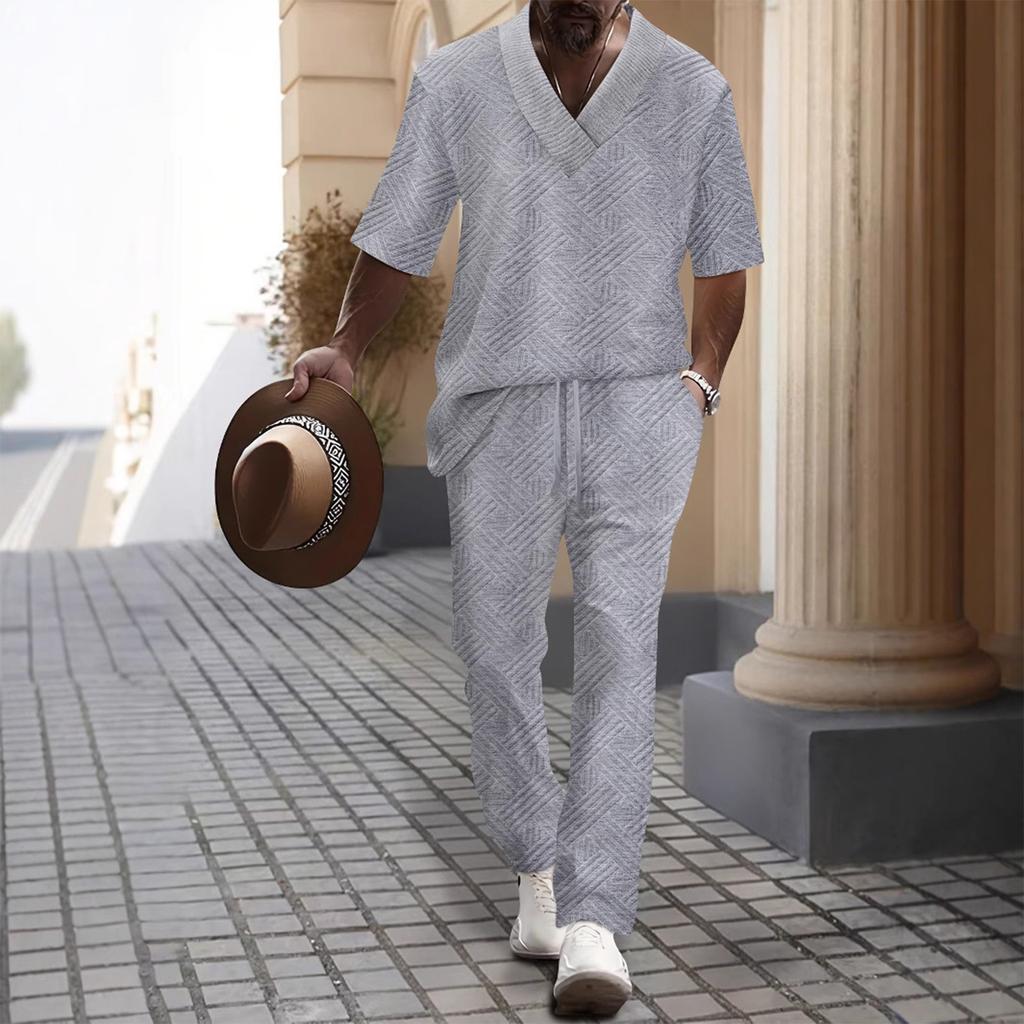 Мужской однотонный повседневный комплект из двух предметов с короткими рукавами и воротником