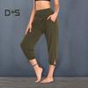 Женские укороченные брюки с эластичным поясом, повседневные брюки с карманами, шнуровкой на манжетах, однотонные брюки для бега и велоспорта