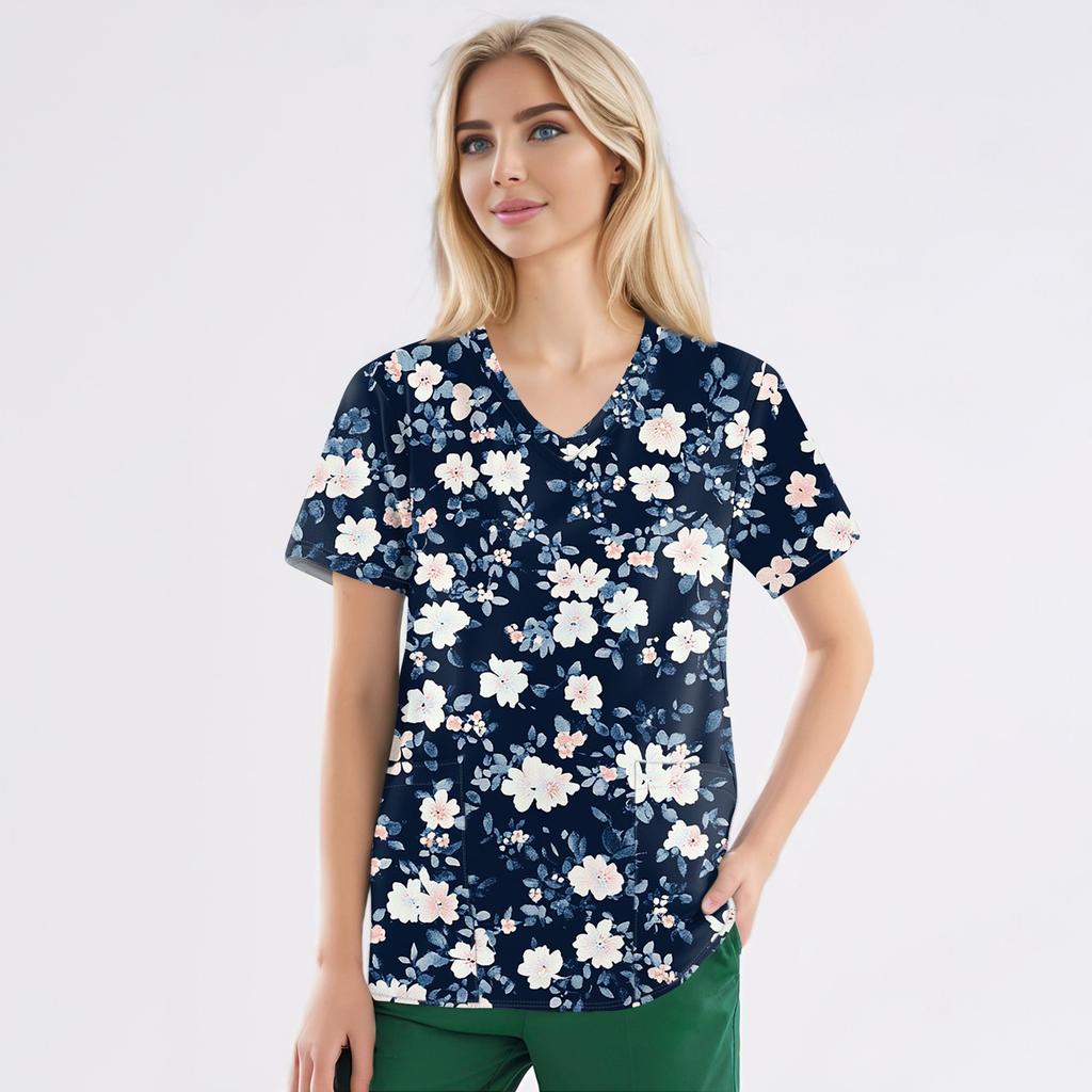Рабочая форма больших размеров с принтом, топы для женщин, забавные футболки с v-образным вырезом и короткими рукавами, рабочая одежда, футболка с карманами