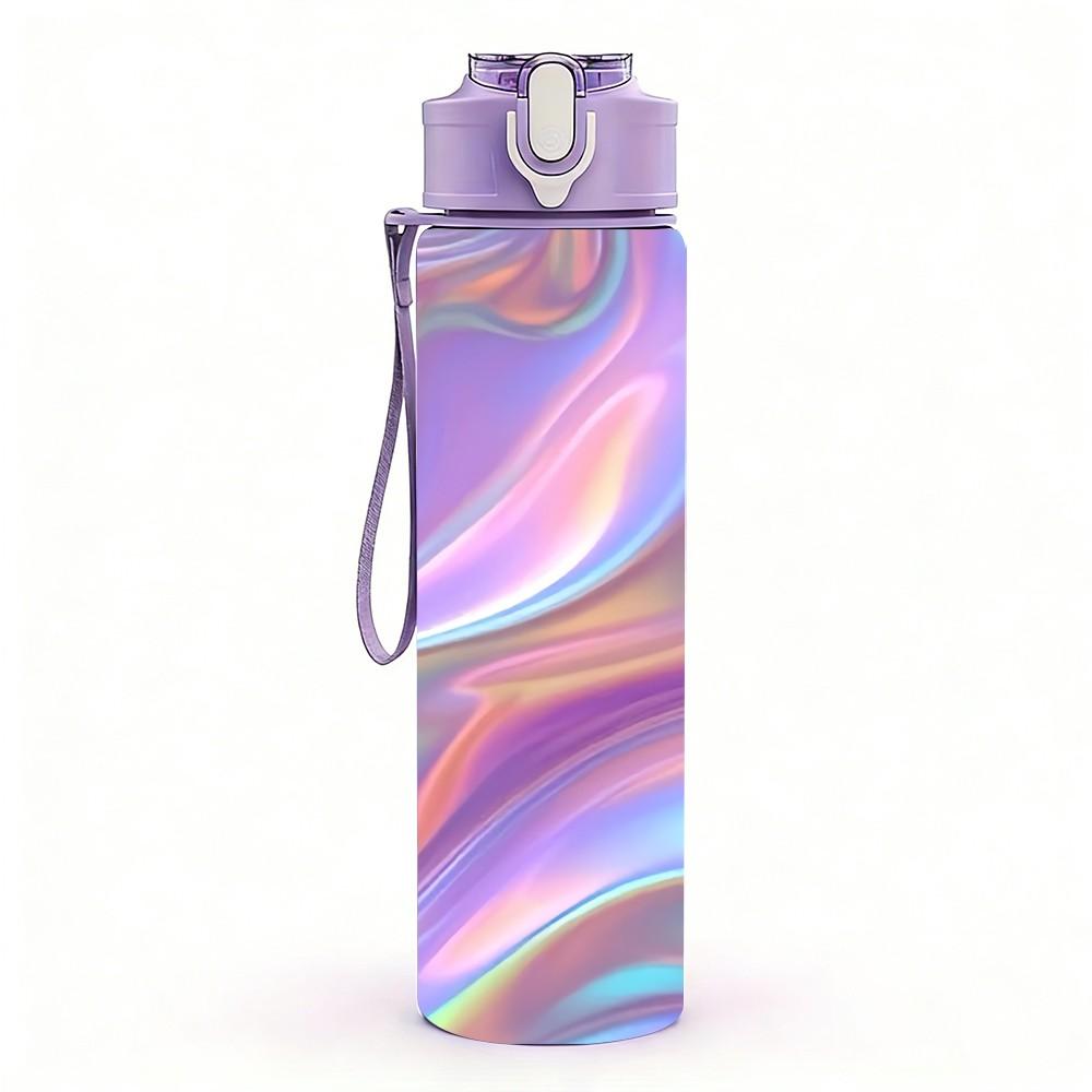 1PC Holographic Iridescent Swirl Print 750ml Color Plastic Sports Water Bottle Leakproof Flip Straw Lid Suitable for Sports Office Home Use