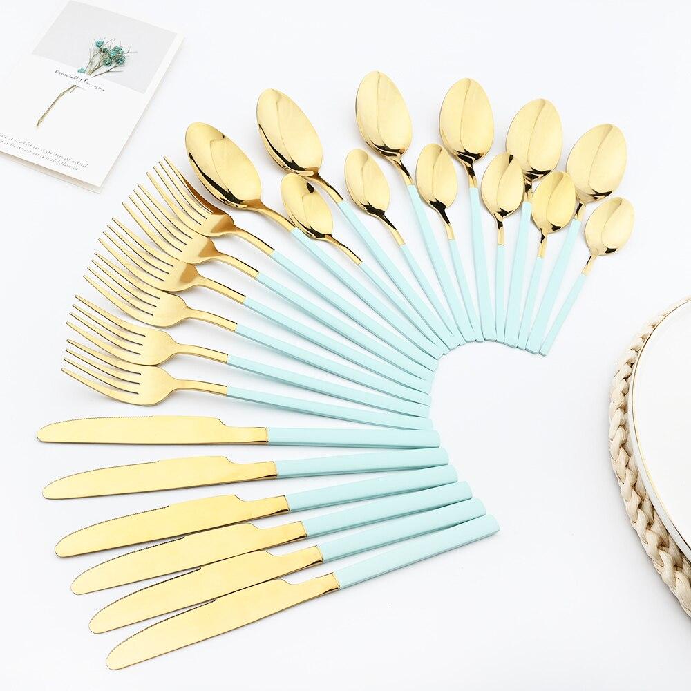 24 Pieces Sets Kitchen Tableware Cutlery Set Mint Green Gold Stainless Steel Dinnerware Set Food Flatware Mirror Silverware Set