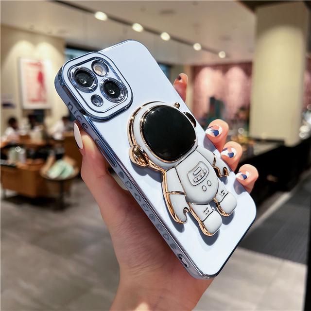 Luxury Space Astronaut Holder Phone Case For iPhone 11 12 13 14 Pro Max X XR XS Cute Plating Bumper On 7 8 Plus SE23 Stand Cover