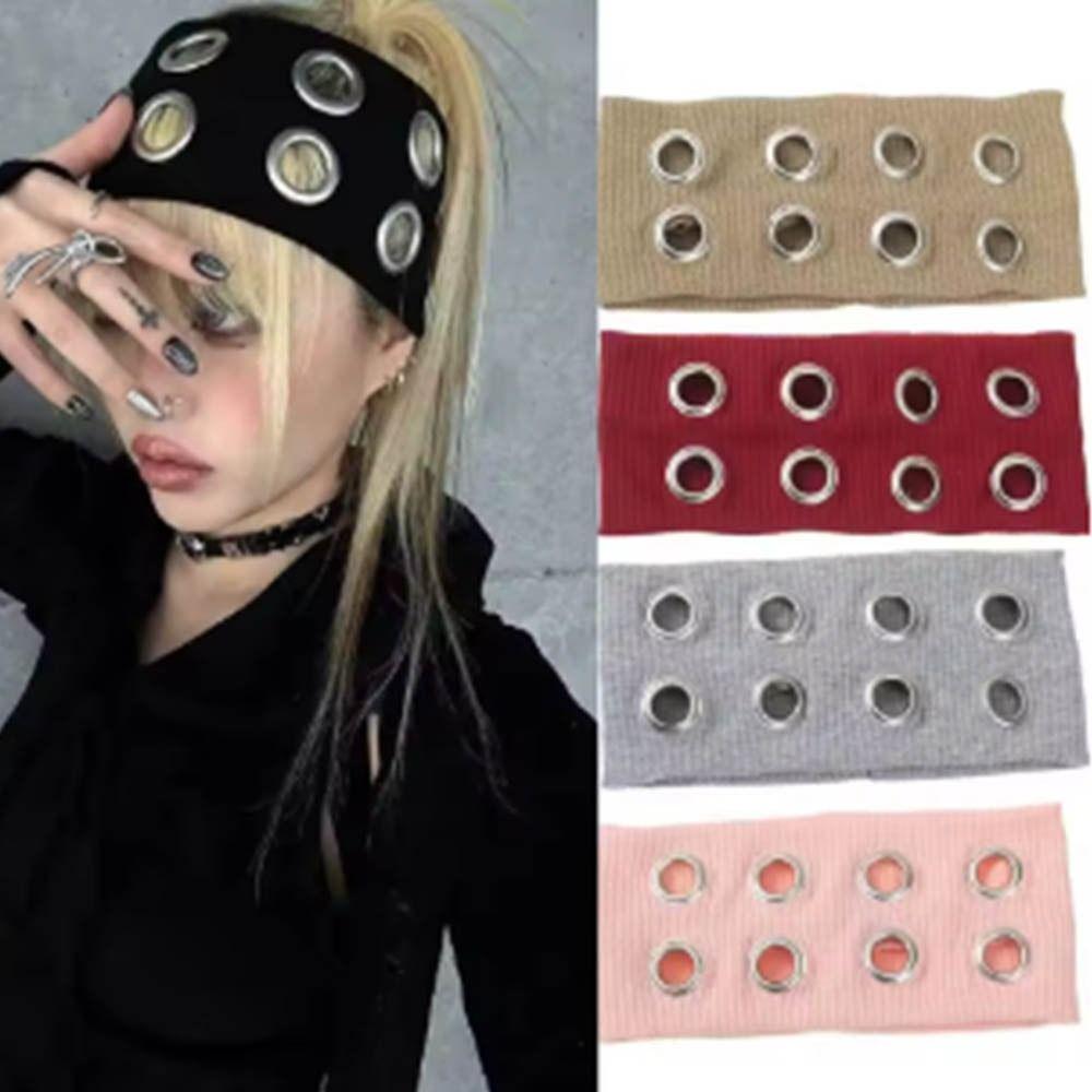 Metal Eyelets Punk Headwrap Fabric Hollowed Out Eyelets Headband Fashion Rock Head Band  Women
