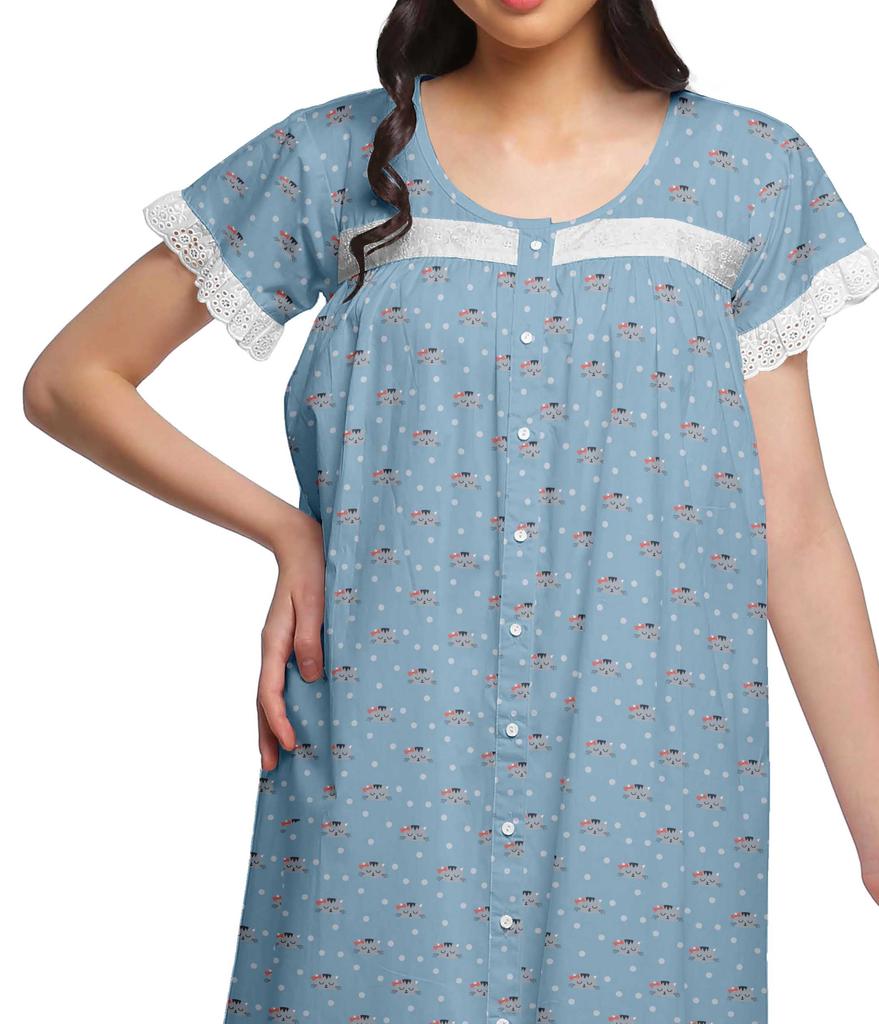 Moomaya Женская ночная рубашка с короткими рукавами и хлопковой кружевной каймой с принтом