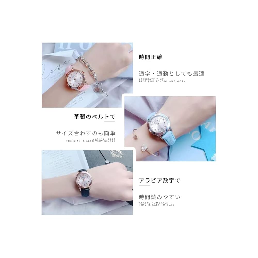 Girls Quartz Casual Watch Round Face 28mm PU Leather Strap Japanese Movement Arabic Numerals Index Water Resistant Pink Gold Case