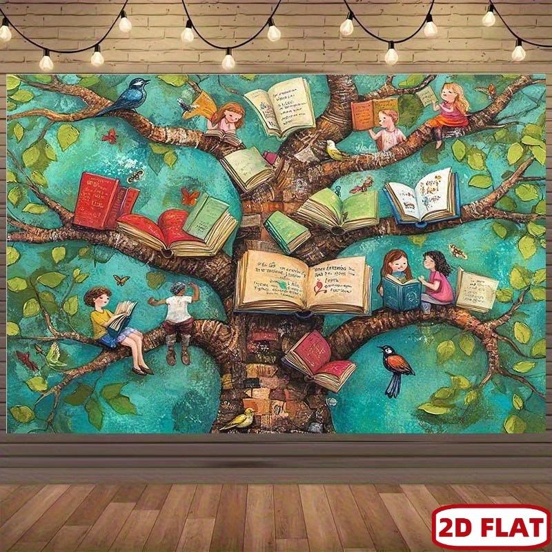 1 шт., 2D плоский, фон «Дерево знаний» с фигурками читающих людей, птицами и бабочками - подходит для украшения класса и образования,