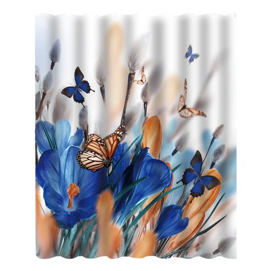 Floral Shower Curtain Spring Farmhouse Bathroom Curtain Waterproof Flowers Butterflies Leaves Bath Curtain with Hooks for Home Shower Bathtub