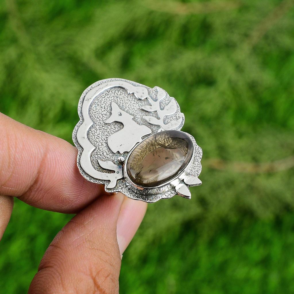 925 Silver Natural Smoky Quartz Engagement Statement Wedding Root Chakra Ring