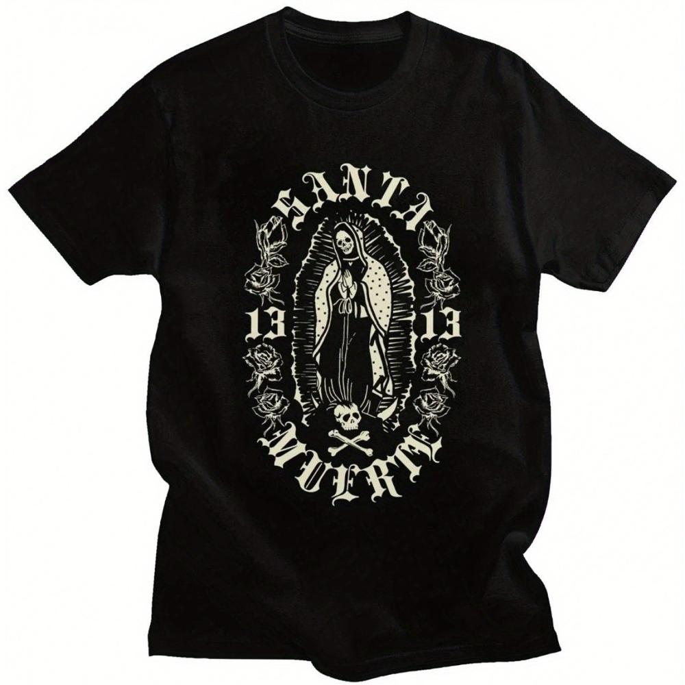 Classic Gothic Santa Muerte 13 TShirt for Men Women Black Mexican Lady of Holy Death Skull Graphic Tee Roses Ornate Patterns