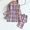 Весна / Осень Простая Пижама из стираного хлопка, женские брюки с длинными рукавами, домашняя одежда, свободный повседневный комплект из 2 предметов в клетку с лацканами