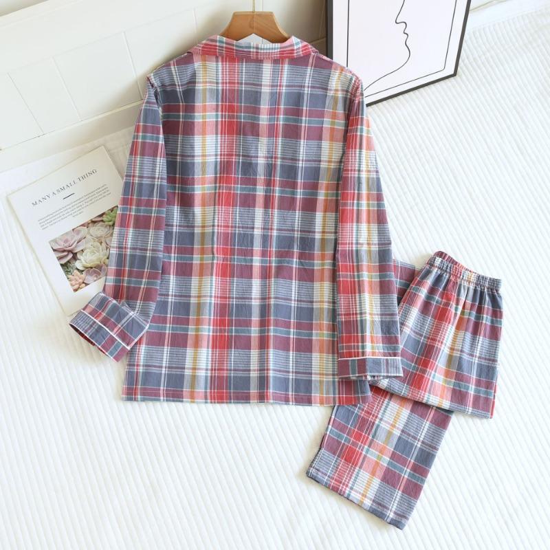 Весна / Осень Простая Пижама из стираного хлопка, женские брюки с длинными рукавами, домашняя одежда, свободный повседневный комплект из 2 предметов в клетку с лацканами