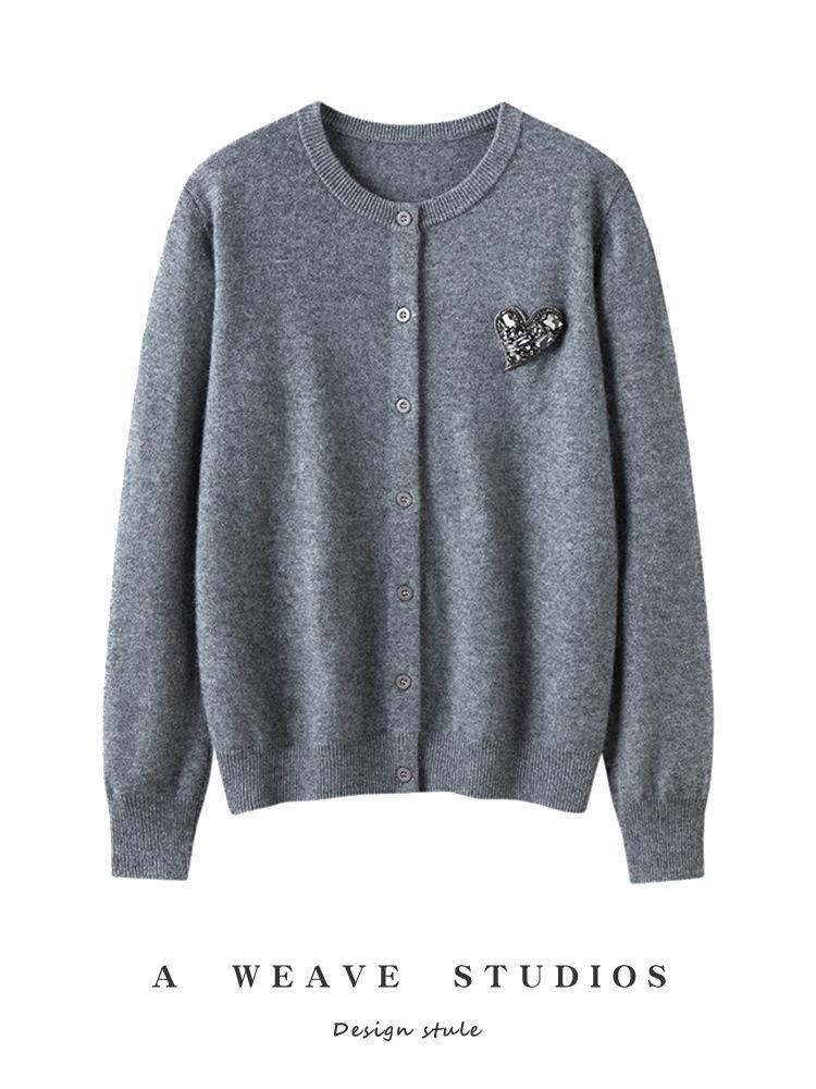 Women's Heart-Shaped Rhinestone Cashmere Cardigan Coat - Slimming & Versatile