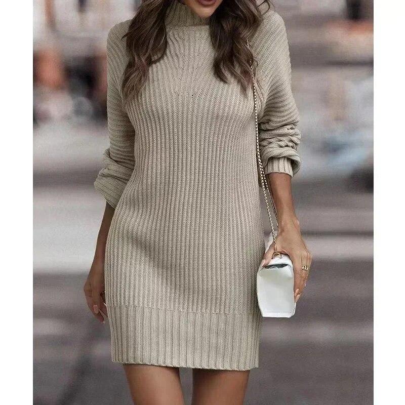 Casual Solid Turtleneck Sweater Dress Winter Knitted Long Sleeve Knitwear Dress Fashion Office-lady Clothing 29885