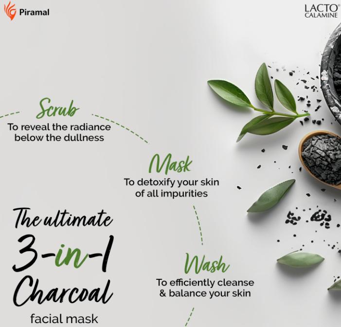 Lacto Calamine 3-в-1 Угольный скраб для лица, уголь для умывания, скраб для лица, маска для лица с каолиновой глиной, маслом чайного дерева и витамином Е 100 г