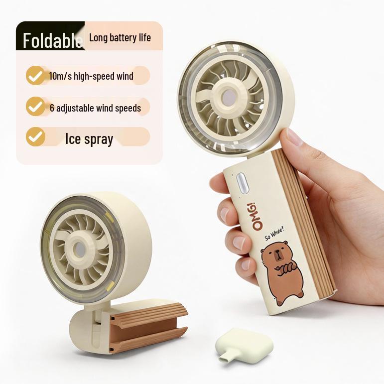 Cartoon Portable 6-Speed USB Rechargeable Handheld Folding Fan with Clip and Ultra-Fast Spray