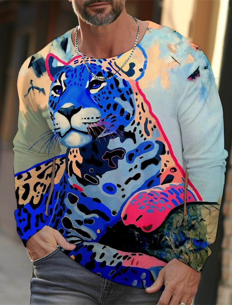 Мужская футболка с длинными рукавами, 3D-печать, HD-принт с леопардовым принтом, мужская футболка с длинными рукавами, осенние топы, повседневная домашняя одежда с круглым вырезом