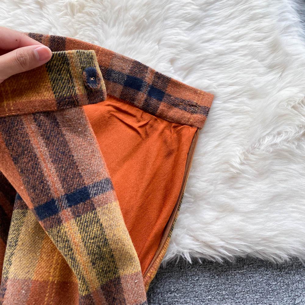 Женский осенне-зимний новый модный свитер с длинным рукавом, пуловер, топы, клетчатая шерстяная смесь, юбка, комплект из двух предметов