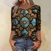 Trendy Vintage 3/4 Sleeve Top For Women,Ladies Casual Three Quarter Sleeve Round Collar Printed T-Shirt Blouse