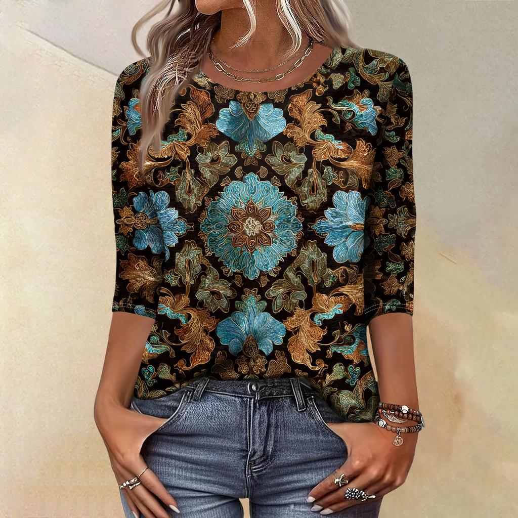 Trendy Vintage 3/4 Sleeve Top For Women,Ladies Casual Three Quarter Sleeve Round Collar Printed T-Shirt Blouse