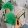 Мода Лето Новые популярные Сексуальные Тапочки Женские Перья Прозрачный Плексиглас Высокий Каблук Шпилька Пип-То Мулы Женские Шлепанцы Обувь Розовый